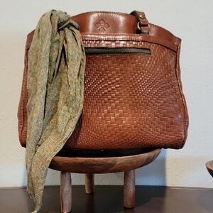 Patricia Nash Brown Woven Leather Handbag with Scarf